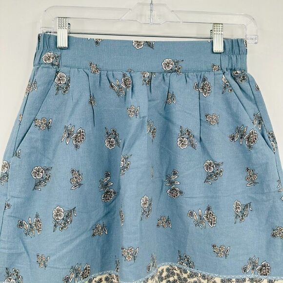 LOFT Size XSP Dusty Blue Floral Print Boho Linen Mini Skirt w/ Pockets - Picture 2 of 9